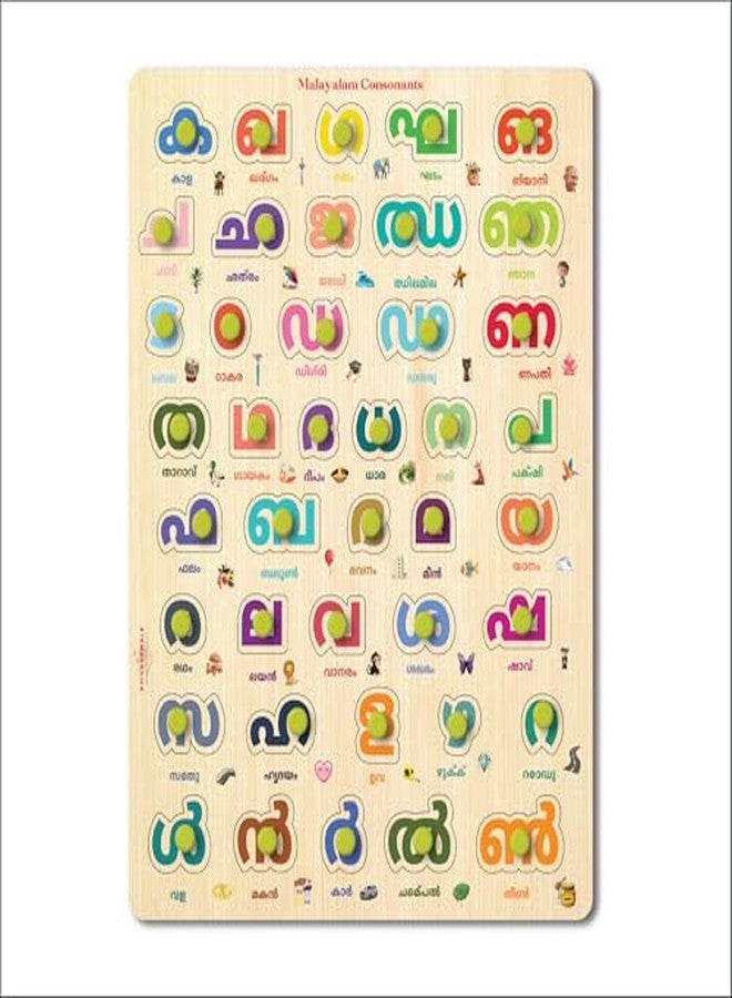 Khilonewale Wooden Knob Puzzle - Malayalam Language Alphabets Learning Board for Kids | 9x12 inch Educational Toy for 3+ Years | Toddler Early Learning Puzzle (Malayalam Consonant) - Image 1